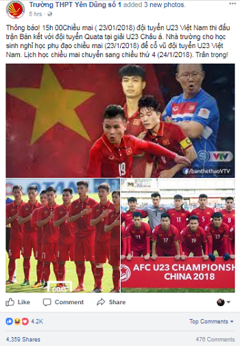 Trường cho học sinh nghỉ để cổ vũ đội tuyển U23 Việt Nam