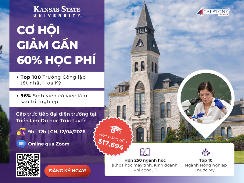 Học bổng du học 2026: Cơ hội giảm gần 60% học phí tại Kansas State University, Top 100 Đại học công lập Mỹ